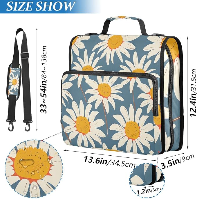 ALAZA Daisy Floral Zipper Binder 1.5 inch 3 Ring Binder Organizer with Shoulder Strap and Handle for Home Office Work