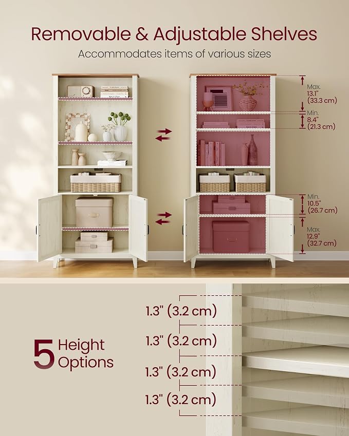 VASAGLE Liry Collection Farmhouse Bookshelf, 6-Tier Bookcase with Doors, Storage Cabinets, 24.8 x 10 x 70.7 inch, for Home Office, Living Room, Cloud White and Warm Brown ULBC134W101S