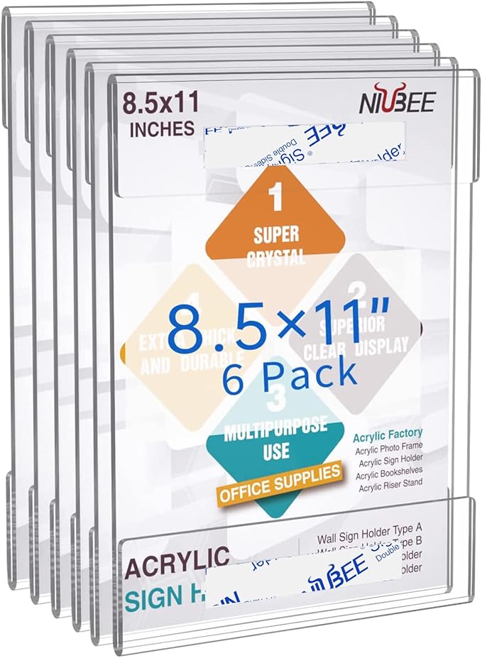 NIUBEE 8.5x11 Clear Acrylic Plexi Sign Holders with Double Sided Adhesive Tape, Wall Sign Memo Document Menu Holder for Office, Home, Store, Restaurant-No Drilling (6 Pack)