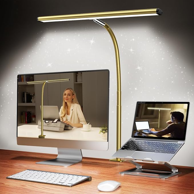 Airlonv LED Desk Lamp with Clamp, 17" Stepless Dimming Light, Gold | 2700K-6500K, 100 LEDs, 360° Gooseneck, Fits Up to 30" Monitors, Flicker-Free Lighting for Home Office, Study& Workbench