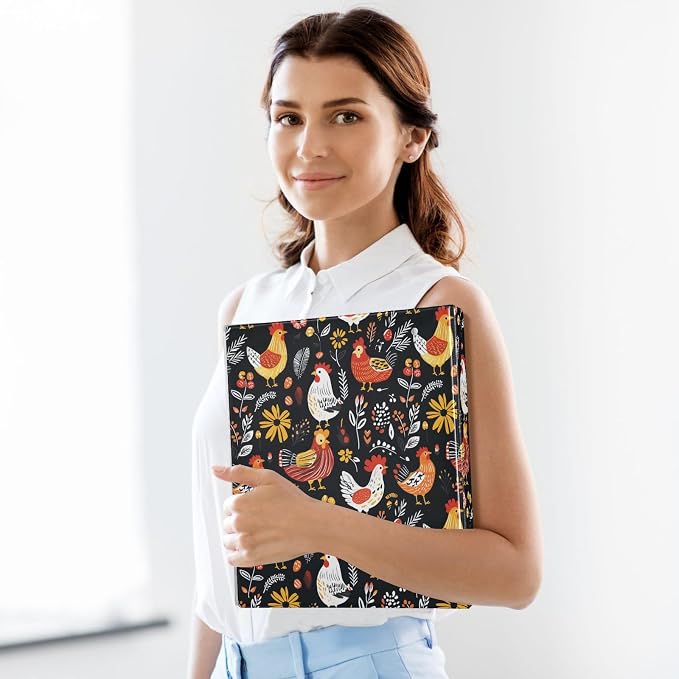 Colorful Chickens with Floral Black 1.5 Inch Binders 3 Ring with Clipboard&2 Pockets Large Heavy Duty Binders Decorative D-Ring Binder Flexible Hardcover Binders, Holds 200 Sheets
