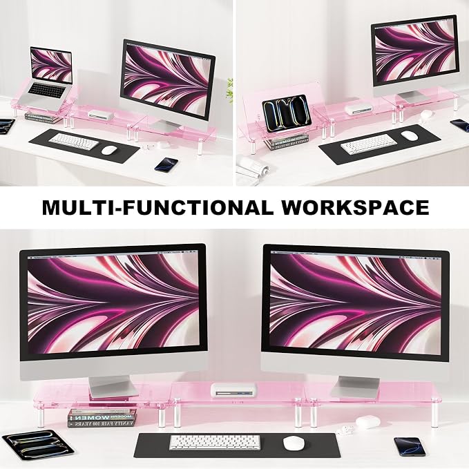 Pink Acrylic Dual Monitor Stand Riser,Laptop Riser Adjustable to 8 Angles | Double Computer monitor riser for desk for 2 Monitors,Desktop organizer Stand for Laptop,PC,Printer,TV，Cute Desk Accessories