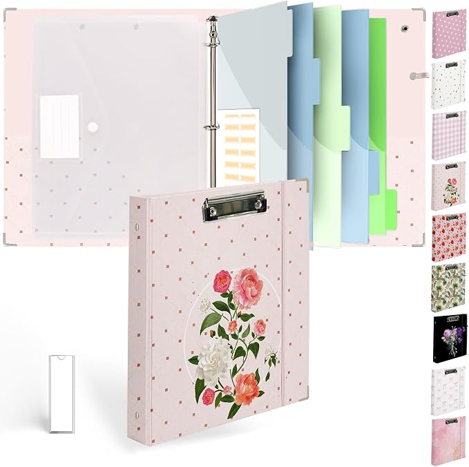 3 Ring Binder 1 inch with Clipboard - Soft Pink Floral Design, Includes Dividers, File Bag & Spine Label - Perfect for Students, Teachers, and Professionals, Holographic Waterproof Film