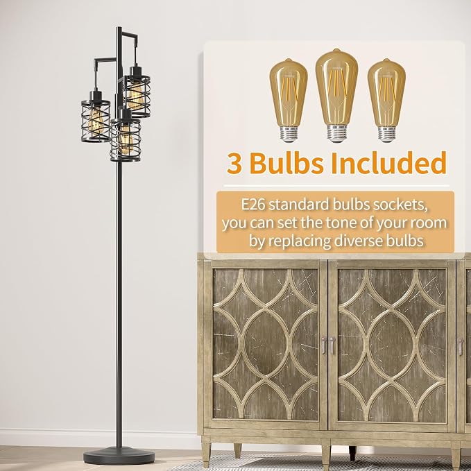 70" Industrial Floor Lamp, Stepless Dimmable Standing Lamp with 3 Bulbs, Farmhouse Corner Standing Tree Lamp for Living Room, Tall Lamps for Bedroom, Office, Study Room, Dining Room, Black
