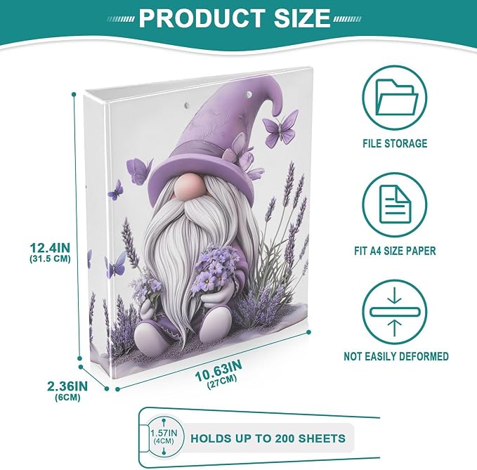 3 Ring Binder Gnome Purple Lavender Butterflies 1.5" Round Ring Binders View Binder with 200 Sheet for Kids School Supplies Women Men Office, 1 Pack