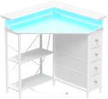 VENNQD Corner Desk with Drawers Shelves for Small Space 90 Degrees Triangle Computer Desk with Power Outlets,Gaming Desk with LED Lights Monitor Stand for Home Office Workstation Writing Table (White)
