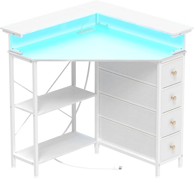 VENNQD Corner Desk with Drawers Shelves for Small Space 90 Degrees Triangle Computer Desk with Power Outlets,Gaming Desk with LED Lights Monitor Stand for Home Office Workstation Writing Table (White)