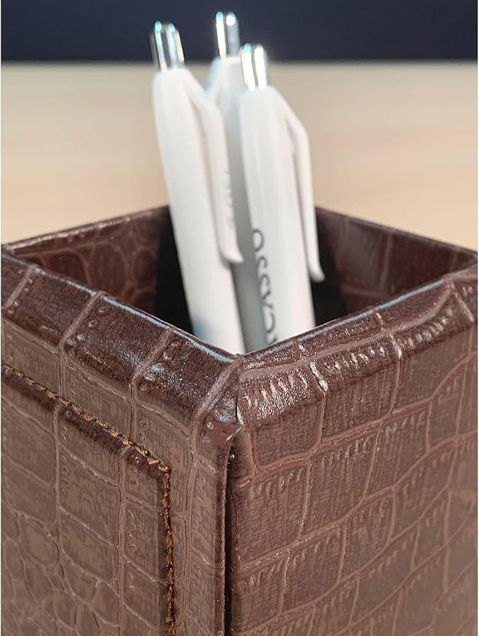 Dacasso Brown Crocodile Embossed Leather Pencil Cup
