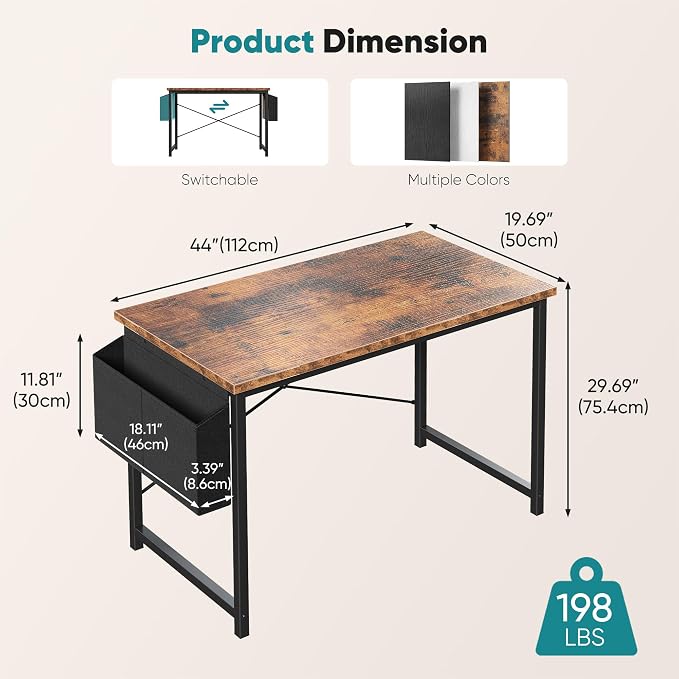 OLIXIS Computer Desk, 44 Inch Gaming Desks for Home Office Small Spaces | Writing Study Craft Work Table, Computer Workstation for Bedroom with Storage Bag, Rustic Brown