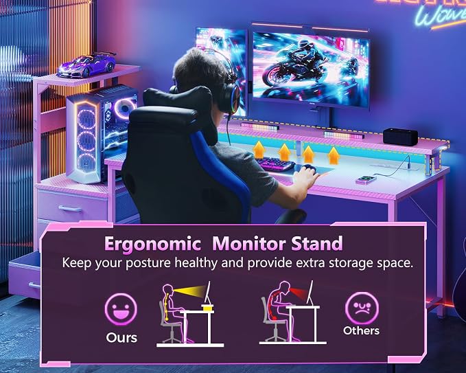 AODK 59 Inch Gaming Desk with USB Charging Ports & LED Light- Reversible Computer Desk with Storage Shelves & Monitor Stand, Modern Gamer Desk Table with Fabric Drawers, Pink