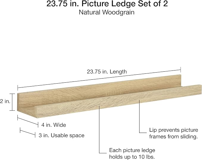 MCS Picture Ledge Shelf, Room Decor Floating Shelf, Natural Woodgrain, 23.75 Inch, Set of 2