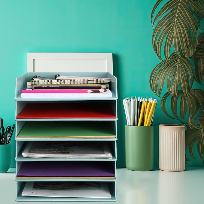 Tatuo 8 Pack Stackable Paper Trays Plastic Letter Tray Desk Organizer Paper Holder Organizer Storage Office Desk Accessories for Classroom Magazine File Documents 12.8 x 9.45 x 1.97, Blue Green