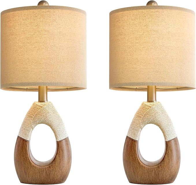 Boho Table Lamps Bedroom Living Room Set 2,Suitable for Small Space,Farmhouse RattanTable Lamp 19”Rustic Egg Design Resin Light Decoration,Nightstand Bedside Lamps for Office Study Rest