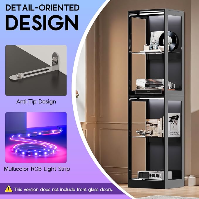 AMERLIFE 18-Inch RGB Open Display Cabine | 70 H x 18 W x 14 D In, 4-Tier Storage, Adjustable Shelves, RGB LED Lights, Open Design, Black