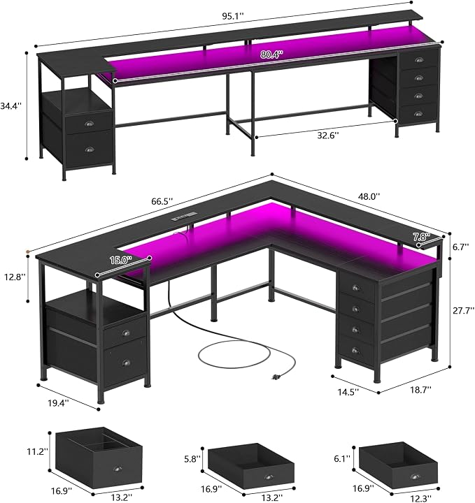 Furologee 66'' L Shaped Gaming Desk with 6 Drawers, LED, Outlets, Black | Reversible Large Corner Computer Desk with Printer Storage Shelves, LED Lights, Monitor Stand for Home Office, Working Study