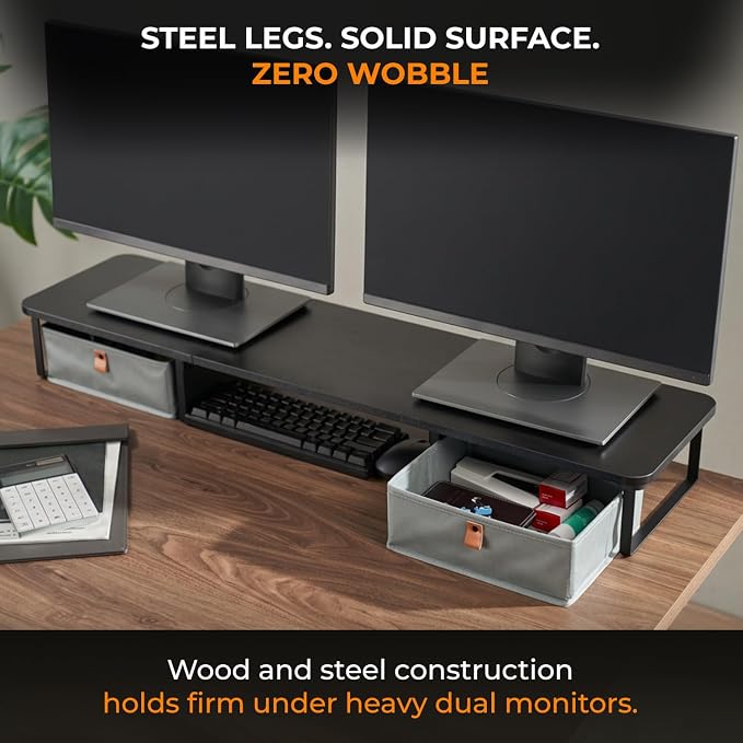 DuoStand Plus - 39” Dual Monitor Riser for Desk with 2 Drawers - Wood & Steel Double Monitor Stand with Storage - Desk Organizer Shelf for Desktop Computer, Laptop, TV & Printer (Matte Black)