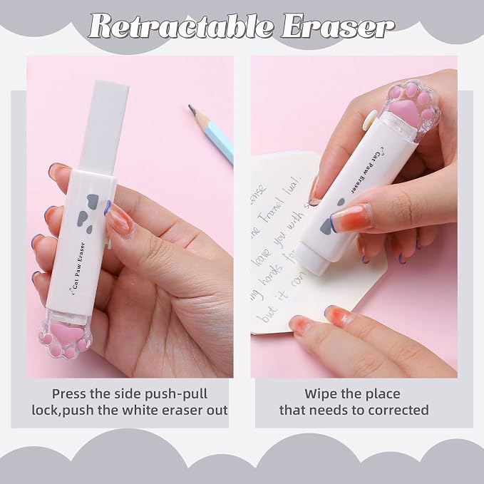 8 Pcs Cute Cat Paw Stationery Set Kawaii School Supplies Including Pencil Sharpener Retractable Eraser Correction Tape Sticky Notes Ruler Mini Scissors Utility Knife for Cat Lovers Students (White)