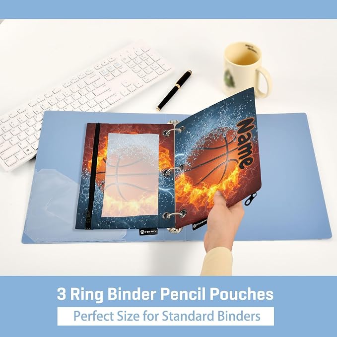 Custom Basketball Ball Pencil Pouch for 3 Ring Binder, 2 Pack Personalized Name Waterproof Pencil Bags Clear Window Pencil Case School Office Supplies