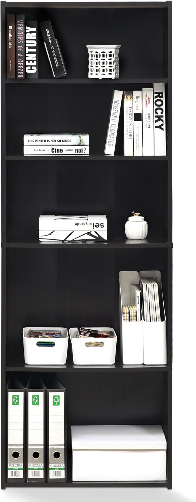 FURINNO Wright 5-Shelf Bookcase, Cinnamon Cherry | 11.6 x 24.6 x 71.3, Open Shelf, for Living Room, Bedroom, Home Office