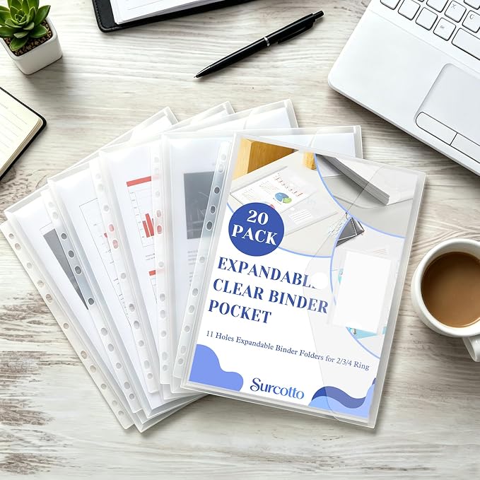 20 Pack Clear Expandable Binder Pockets, 11 Holes Plastic File Divider Folders, Compatible with 2/3/4 Ring Binders for Home Office