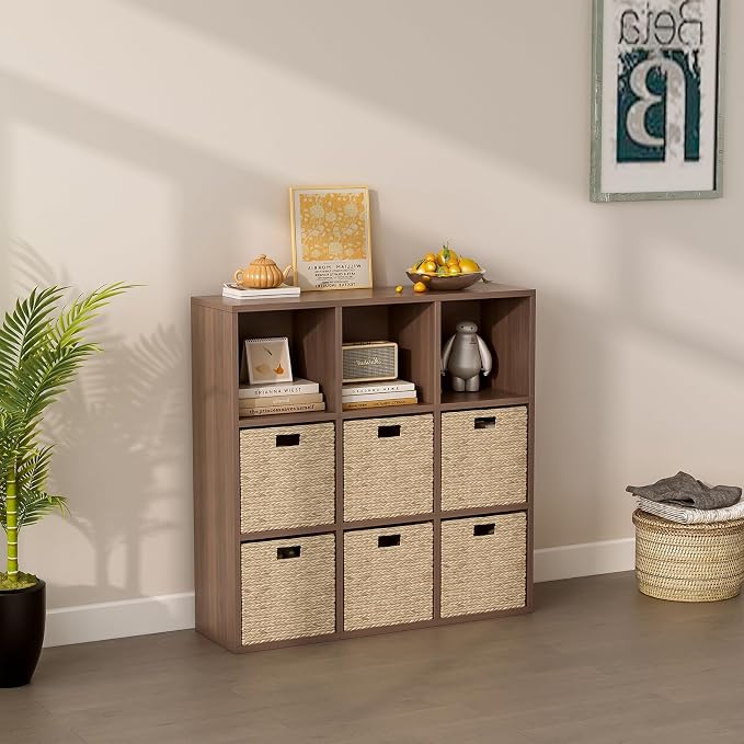 9-Cube Storage Shelf Bookcase, Walnut | Wooden 3-Tier Open Bookshelf, Fits 11×11" Bins, Vertical or Horizontal Use, Full Back Panels, For Home Office