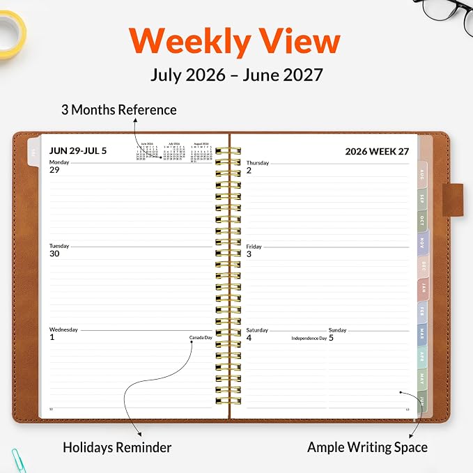 SUNEE 2026-2027 Weekly & Monthly Planner 6.4"x8.5" - 12 Month (July 2026 - June 2027), Vegan Leather Cover Planner Academic Year Calendar, Pocket, Notes, Monthly Tab, Brown
