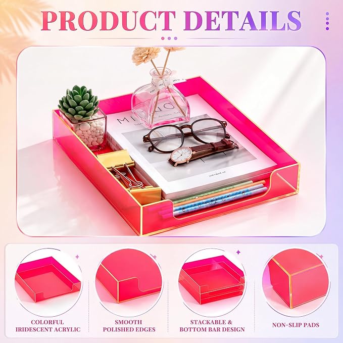 Neon Pink Acrylic Letter Tray 2 Pcs 12.6 x 10.2 x 2.1'' Paper Tray Organizer Stackable Desk Supplies with Non Slip Rubber for Office Accessories Desk File Document Folder