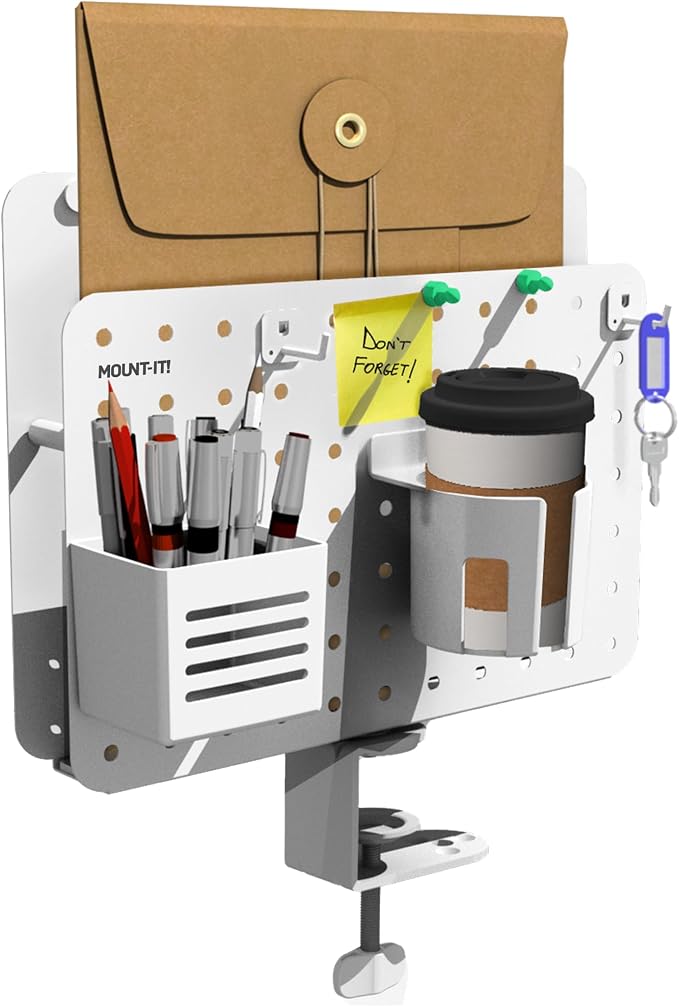 Mount-It! Desk Pegboard Organizer, 360 Rotation, White | Clamp-on desk storage with cup holder, pen holder, hooks & magnets for home office, workshop & crafting stations.