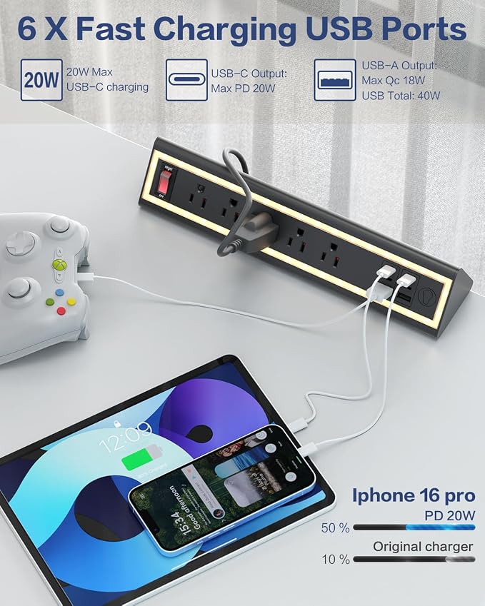 Desk Clamp Power Strip with Nightlight, 40W Fast Charging, 10FT Extension Cord, 4x20W USB-C & 2 USB Ports, 5 AC Outlets, Fits 1.69-Inch Table Edges