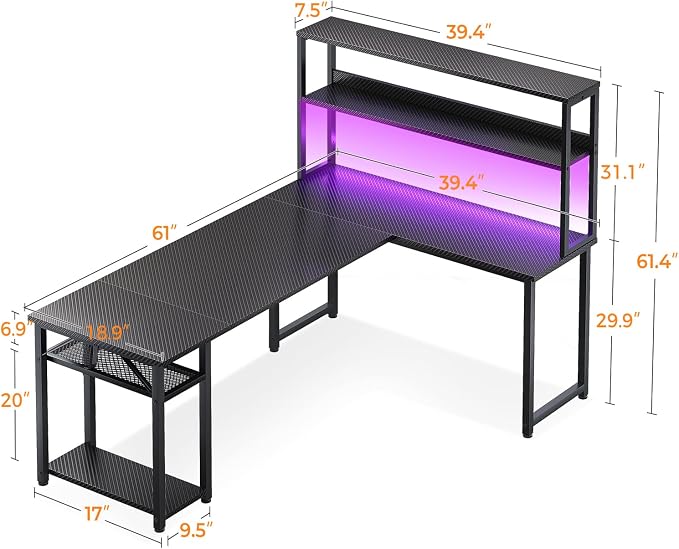 ODK 61 Inch L Shaped Gaming Desk with Hutch & Headphone Hook | Black Corner Computer Table with LED Light and Storage Shelves for Home Office