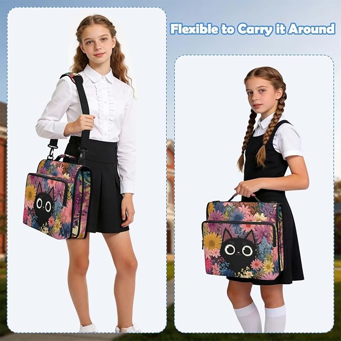 Cute Cat Zipper Binder File Organizer Bag 3 D-Ring | with Shoulder Strap, Holds 500 Sheets & 14in Laptop, 3 Ring Binder for Office Supplies