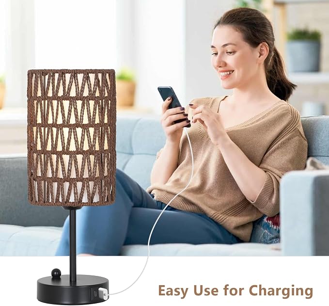 Bedside Lamps Set of 2, Touch Control Night Stand Lamp for Bedroom with Rattan & Linen Shade & Bulbs, 3 Way Dimmable Small Boho Table Lamps with USB Charging Port & Phone Stand (Coffee Color)
