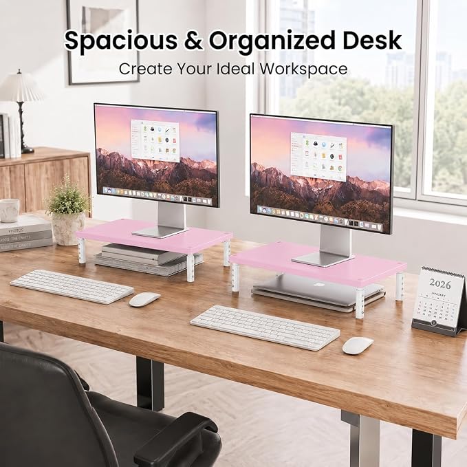 Adjustable Monitor Stand Riser for Desk, Wood Computer & Laptop Stand, Desk Organizers and Accessories, Office Desk Accessories & Workspace Organizer for Home Office Supplies, Pink