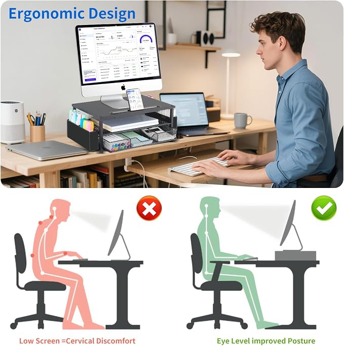 AUPSEN Wood Computer Monitor Stand Riser, 2-Tier Black Desk Organizer with Drawer, Pen Storage & Phone Holder ，Office Desk Accessories Desktop Organizer for Office Supplies (Black)