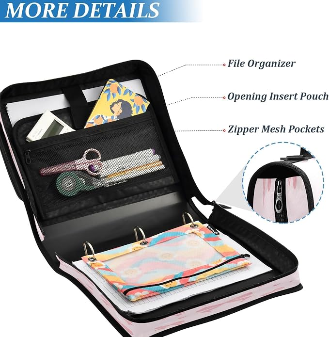 Ribbon Bow Zipper Binder for School with Shoulder Strap & Extra Pockets - 1.5 Inch 3-Ring Binder Holds 500+ Sheets, Textbooks, Laptop