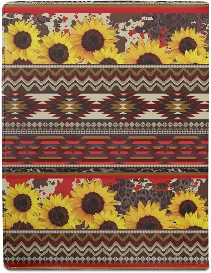 Dreaweet Sunflower Aztec Portfolio Binder Leather Padfolio for Women Personalized Resume Portfolio Folder Interview Document Organizer Card Holder Notepad Holder,Red