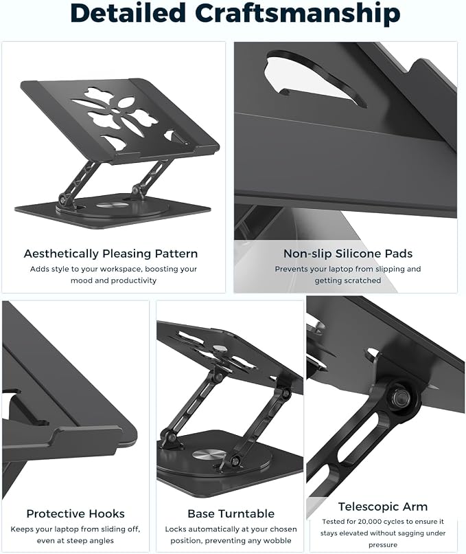 Aoviho 360° Rotating Laptop Stand for Desk | Adjustable, Foldable, Portable Aluminum Ergonomic Riser | Compatible with MacBook, Dell, HP & All Laptops 10-16 inch | Black