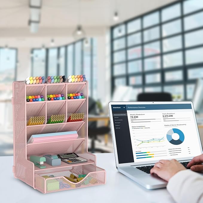BOHDK Pen Organizer for Desk, Multi-Functional Desk Organizer, Wall Mount Pen Holder with Drawer for School, Office, Home, Art Supplies, Pink