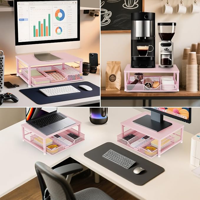 Small Pink Laptop Stand for Desk, Monitor Stand, Office Desk Accessories, Computer Desktop Stand with Drawer for Home, Office, School (Pink)