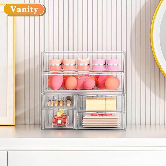 ARSTPEOE Acrylic Organizer with 6 Drawers, Bathroom Counter Organizer, Makeup Desk Organizers, Office Supplies, Storage Drawers for Cosmetic, Pencil, Coffee