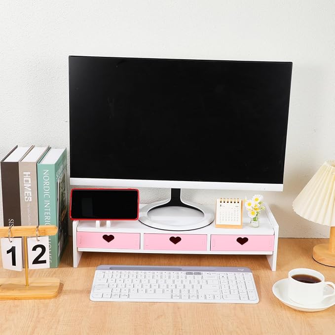 Pink Monitor Riser, Space-Saving Elevated Stand with Smooth Edges for Keyboard Storage, Ergonomic Desktop Organizer for Home & Office, 19.29x7.48x3.93In