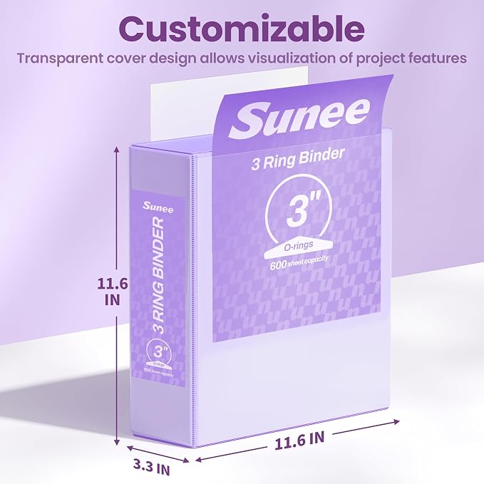 SUNEE 3 Ring Binder 3 Inch 4 Pack, 3" Clear View Binder Three Ring PVC-Free (Fit 8.5x11 Inches) for School or Office Supplies, Purple