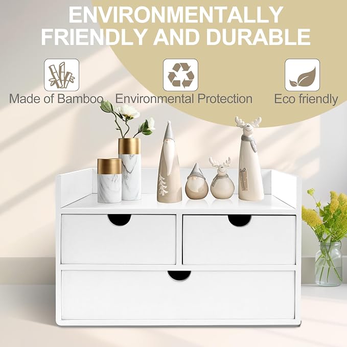Charmewooden Bamboo Desk Organizer 3 Drawer with Shelf, Countertop Organizer with Drawers Makeup Storage Drawer 3 Drawers Tabletop Storage Organization Box Home Office Workspace（White）