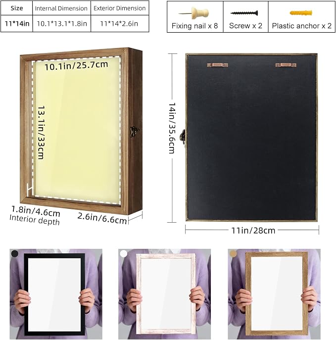 TJ.MOREE Shadow Box 11x14 Memory Display Case Wood Picture Frame Carbonized | Fits 10x13 Inserts with Linen Back & Glass, Rustic Keepsake Box for Pet Memorabilia Gifts Wedding Bouquet Military Medals