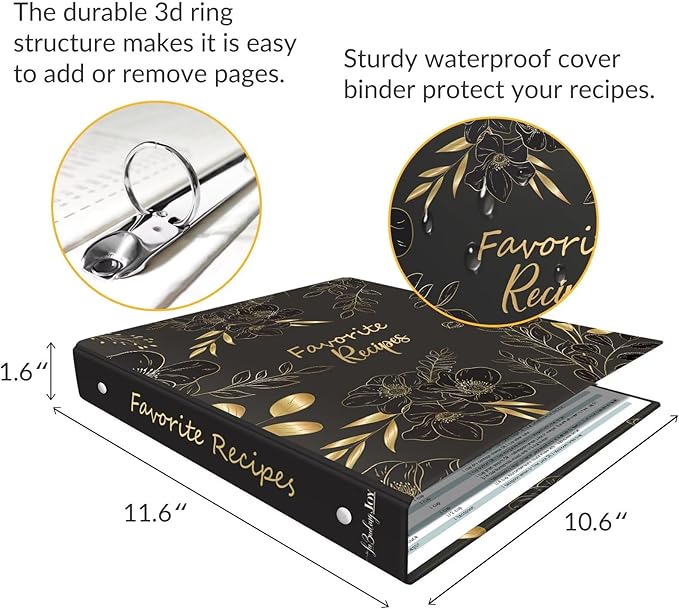 Recipe Binder 8.5x11 3 Ring with Plastic Sleeves, Blank Recipe Book Binder | Waterproof recipe binder 8.5x11 with plastic sleeves, recipe cards and gift box to make your own cookbook(Black Floral).