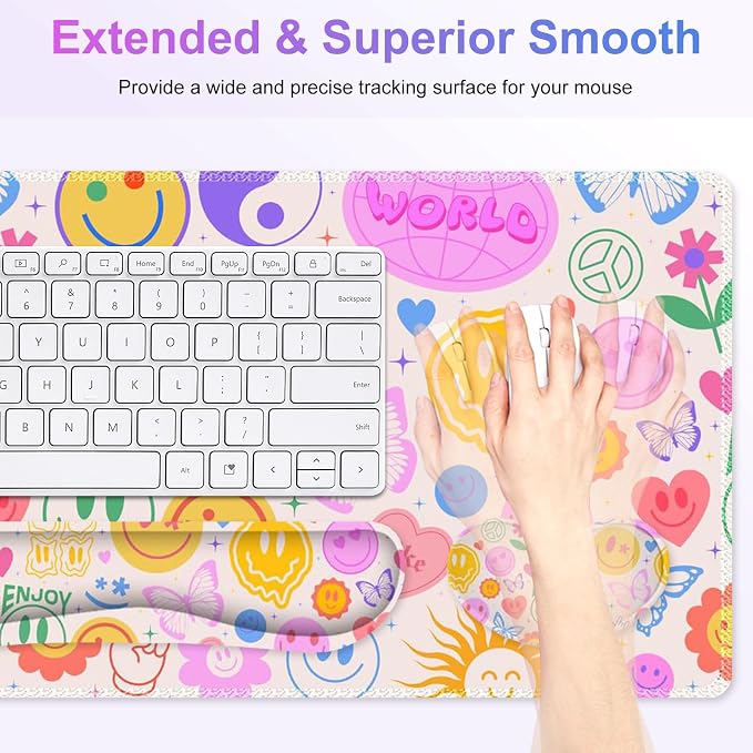 Large Gaming Mouse Pad Set, 4 in 1 Extended Keyboard Desk Mat with Wrist Rest, PC Computer Game Mousepad Set, Non-Slip Desk Pad Protector Easy Typing Pain Relief for Home Office I Hippie Smile