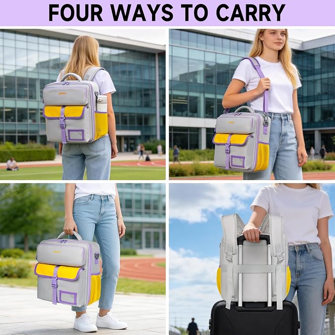 Zipper Binder 3 Ring 3 Inch with Shoulder Strap, Large Binder Backpack with Zipper Fits 13 Inch Laptop for College Office Travel, 700 Sheets Capacity,Gray&Yellow