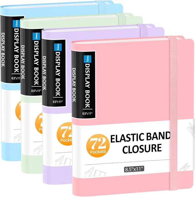 Sooez 4 Pack 72 Pocket Binder with Plastic Sleeves, Display Book, 8.5" x11” | with Elastic Band, 144 Pages Presentation Binder, Art Portfolio Document Folder with Clear Sheet Protectors for Office School