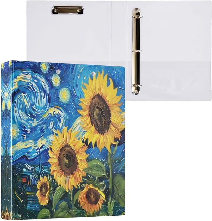 3 Ring Binder Sunflowers Starry Sky Night 1.5" Round Ring Binders View Binder with 200 Sheet for Kids School Supplies Women Men Office, 1 Pack