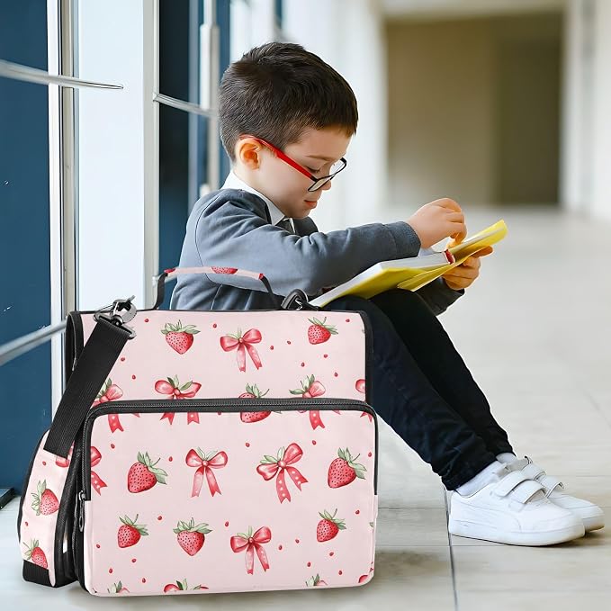 Strawberries Bows Pattern Zipper Binder 3 Ring with Handle and Shoulder Strap, 500 Sheet Binder Organizer Capacity & Multi-Pockets for School Office